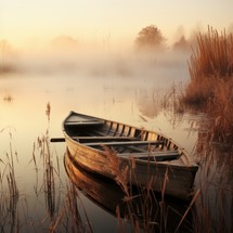 Wooden boat tied to shore in early morning fog, surrounded by reeds and calm lake