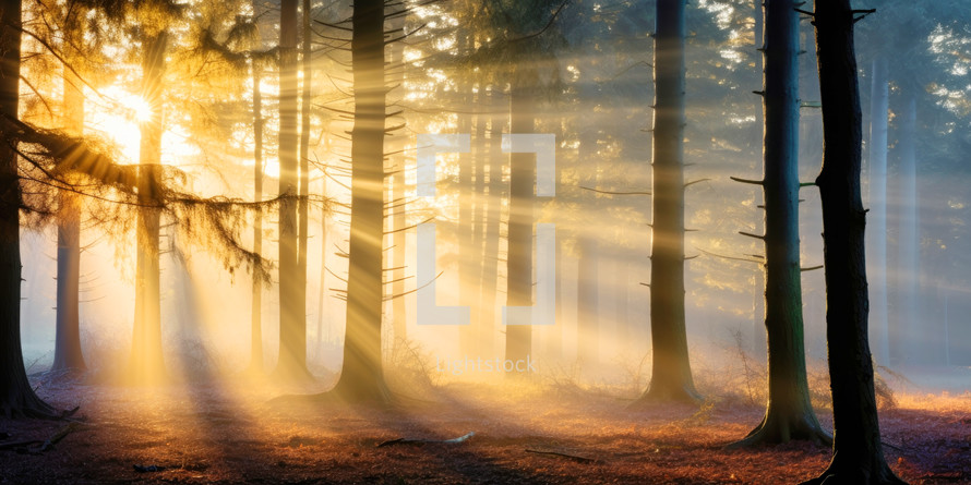 Mysterious forest in the rays of the rising sun. The magic of nature.