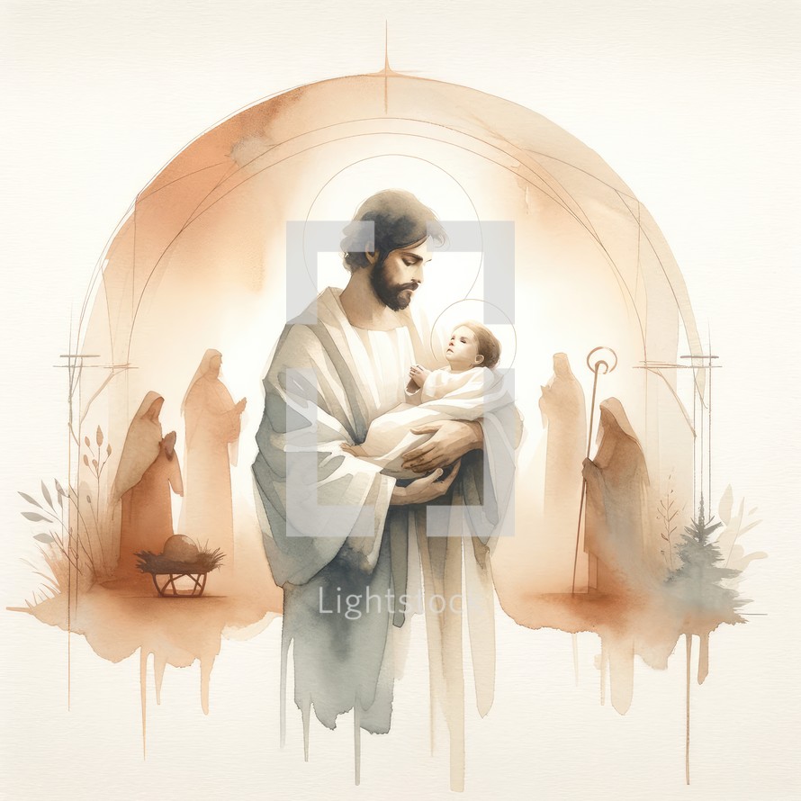 Watercolor illustration of Joseph with his baby Jesus on the background of nativity scene