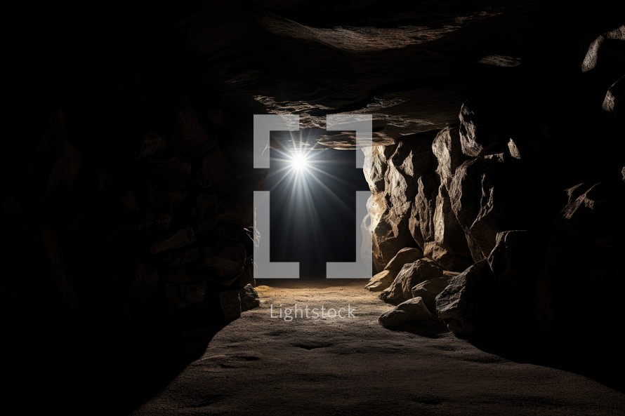 Resurrection. Cave interior with light shining through