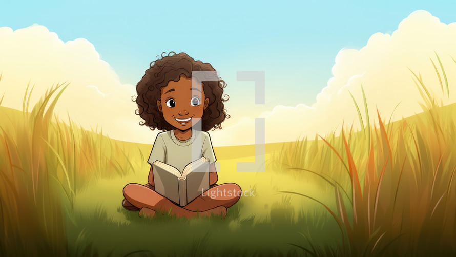 Illustration of a little black girl reading a book in the grass