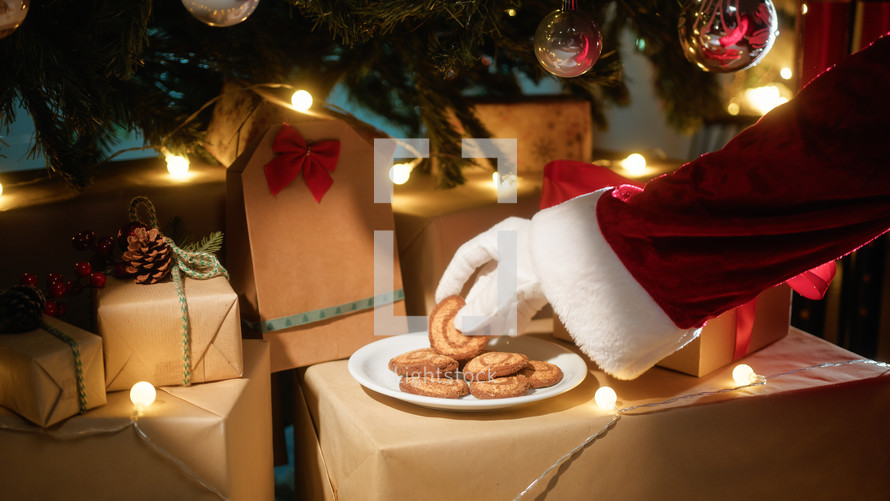 Santa Claus takes biscuits under tree