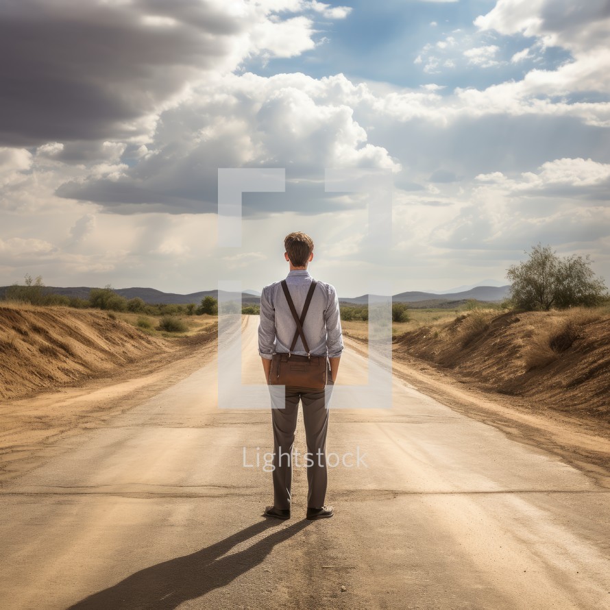 Man standing on road, facing away with bag on back, choosing life path, straight road.