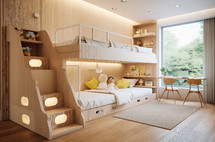 Children's room with wooden bunk beds and a nature-inspired design, well-lit by daylight