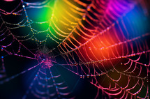 Close-up of a spider web with colorful light reflections