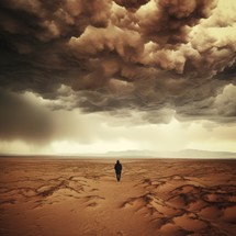 Solitary figure of a dark person in a desert with menacing clouds, searching for oneself, faith, and one's own path