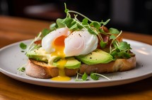 Close up of egg benedict on toast with avocado