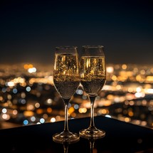 Night cityscape seen through a glass of sparkling wine