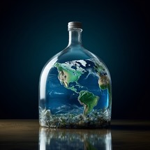 A large plastic blue bottle placed next to a close-up image of planet Earth