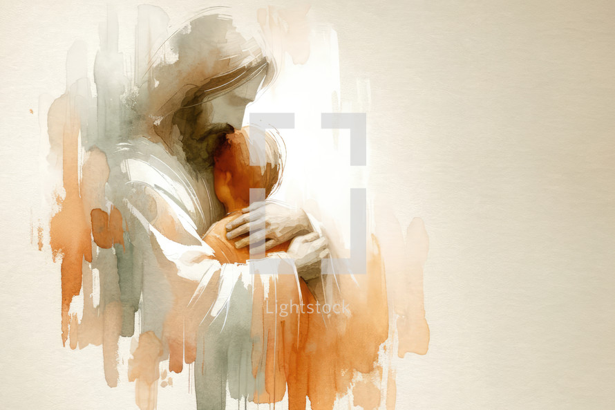 Jesus Christ embracing a child. Watercolor painting