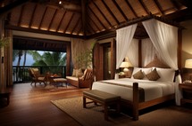 Spacious hotel room featuring Indonesian decor and a balcony overlooking the sea