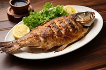 A perfectly grilled fish plated with fresh lettuce and lemon slices