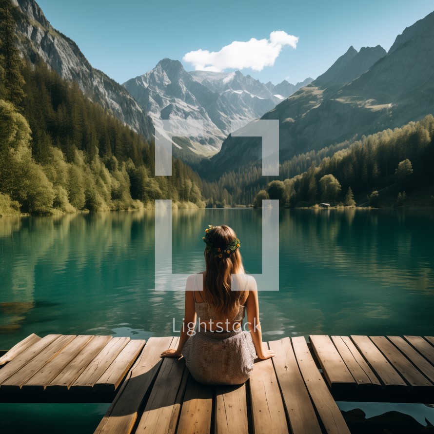 Close up of a caucasian woman seated on a jetty facing a serene alpine lake and mountains