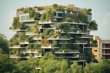 A modern residential building with balconies overgrown with lush green plants