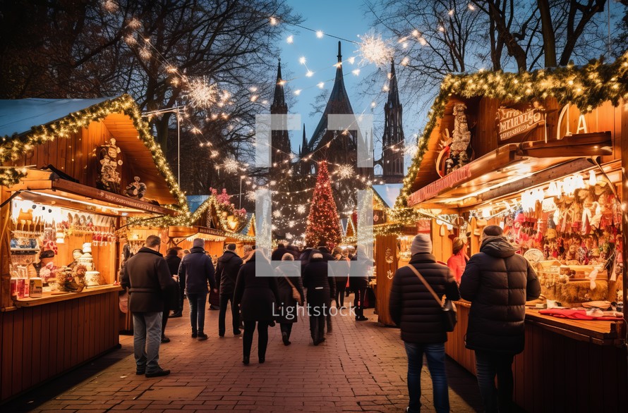 Crowd enjoying the festive atmosphere at a Christmas market in Cologne, Germany