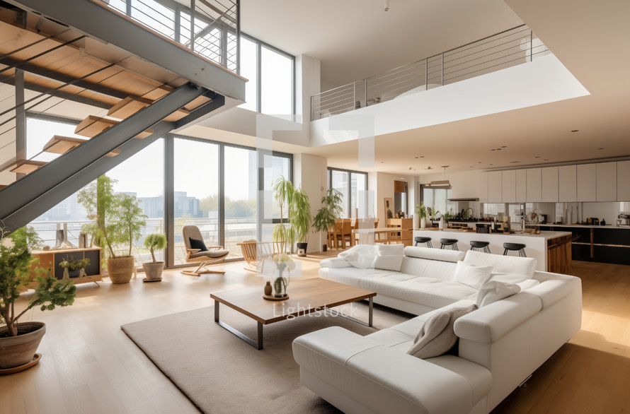 Spacious modern living room with large windows