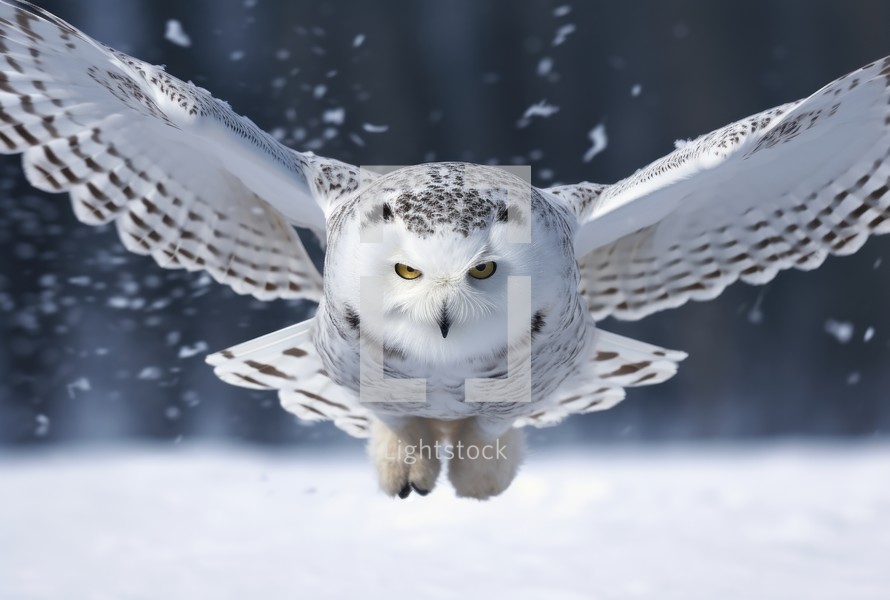 Snowy owl captured mid-flight with intense gaze over a snowy landscape
