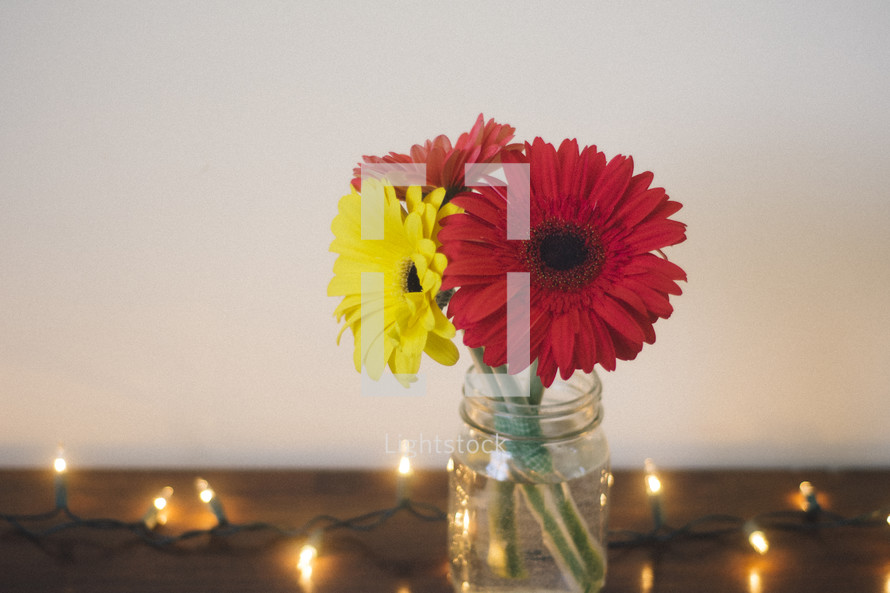 gerber daisies in a mason jar on a wooden table 