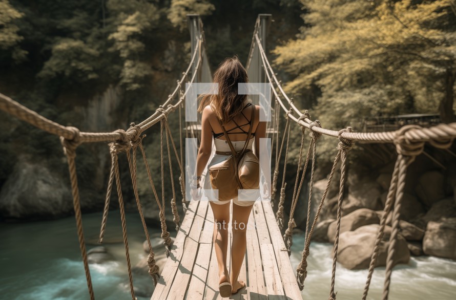 A woman traversing a rope bridge in a mountain valley, viewed from behind