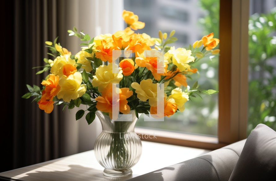 Bright yellow and orange flowers in a glass vase on a table near a window