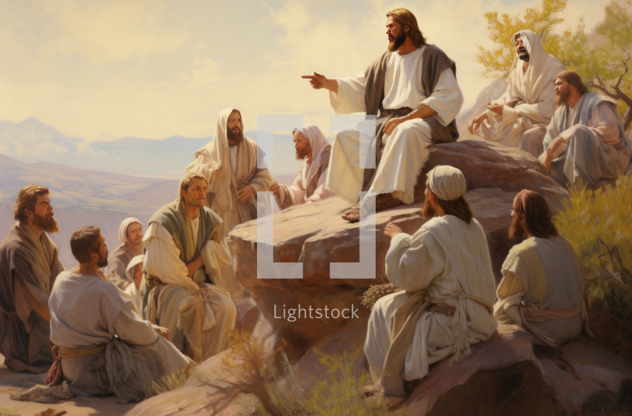 Illustration of a religious leader delivering a sermon to followers on a mountain
