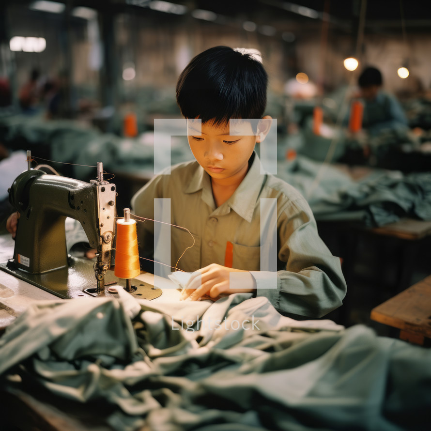 A 7-year-old Vietnamese boy sewing clothes in a factory