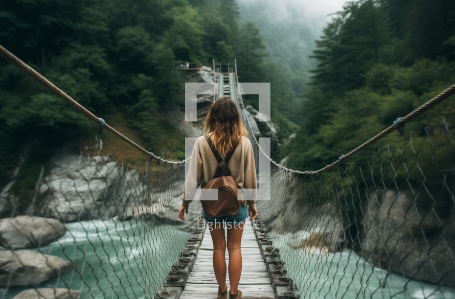 Close up of a traveler on a rope bridge amidst forested mountains