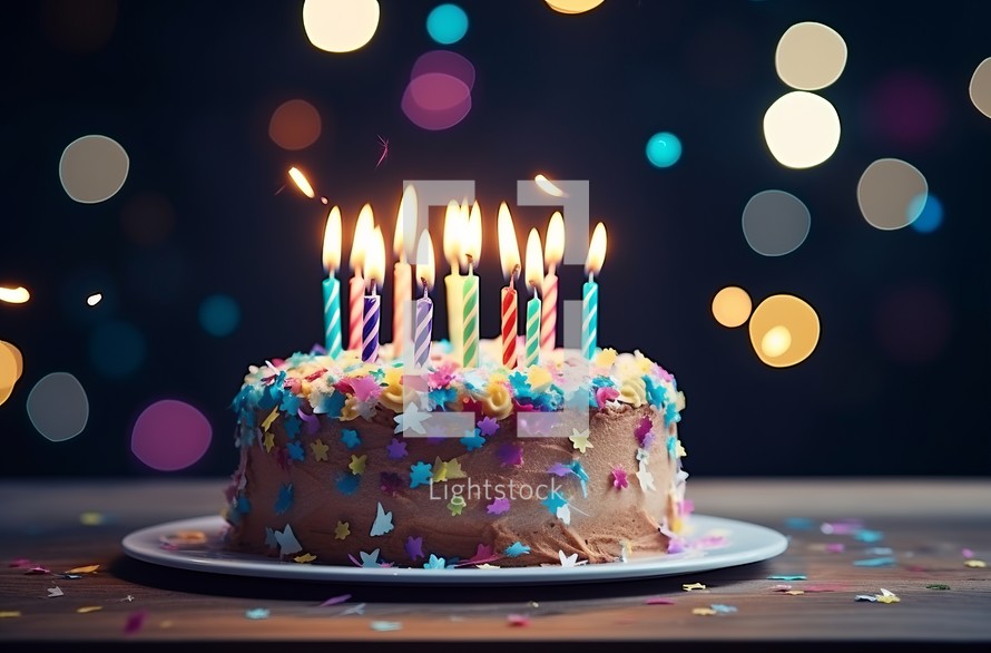 A birthday cake with burning candles in a close-up shot, radiating the joyous celebration of a special day