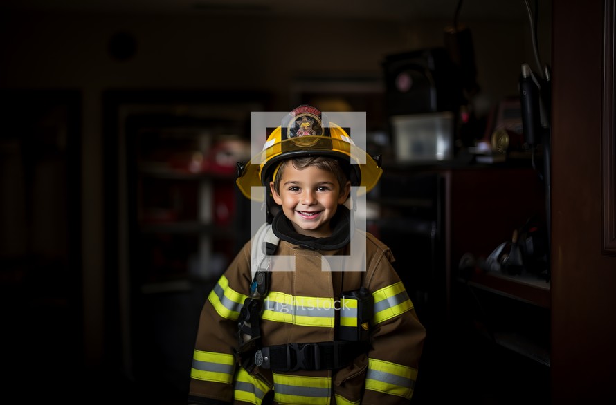 A 6-year-old boy dressed in a firefighter uniform and helmet, proudly showcasing his aspirations for the firefighting profession