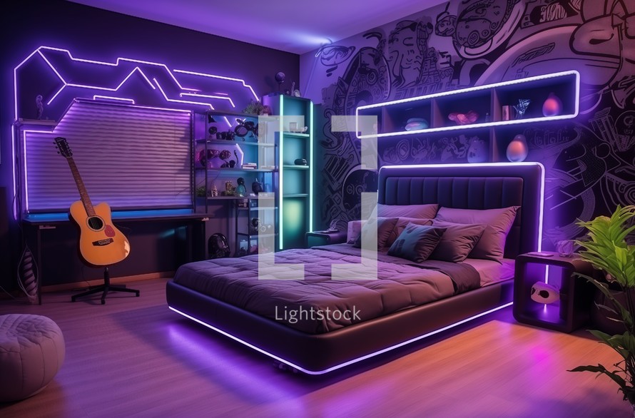 Teen's room with LED bed frame and guitar on display