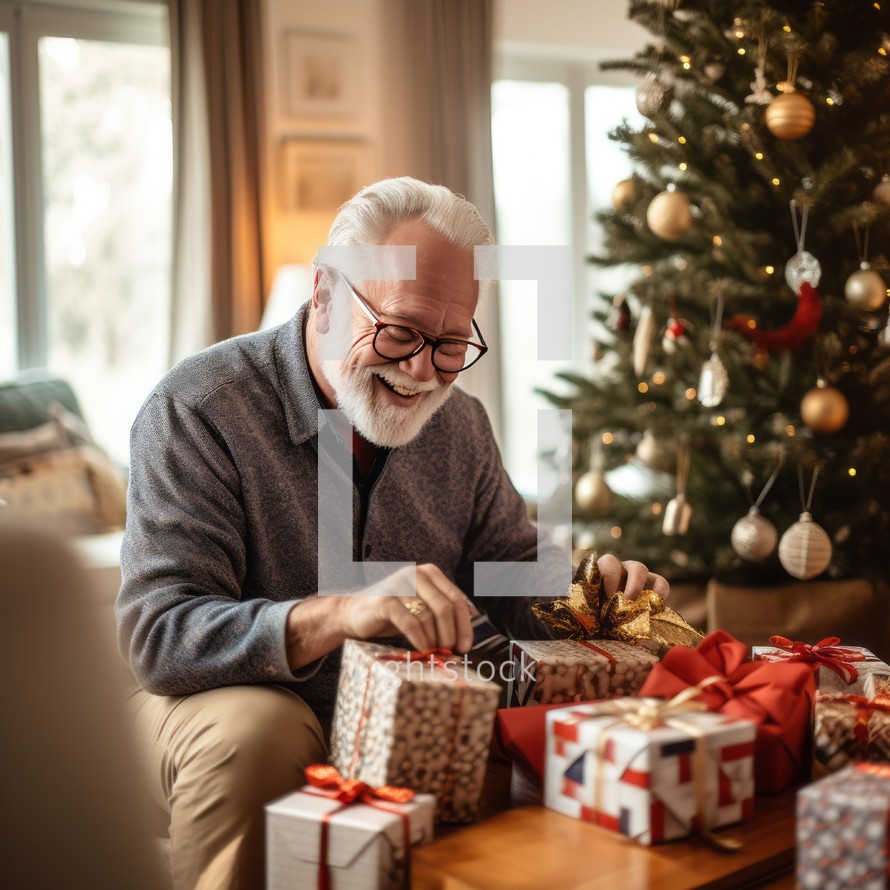 Cheerful senior man in eyeglasses opening Christmas presents at home