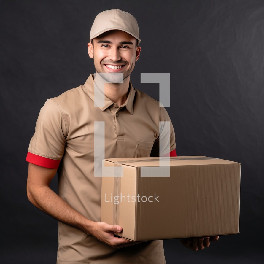 Smiling delivery man in cap holding cardboard box on black background