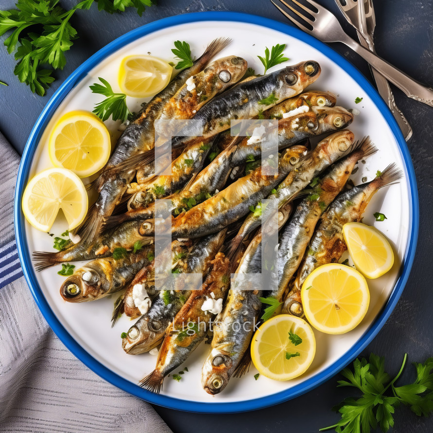 Sardines with feta cheese, parsley and lemon. Top view