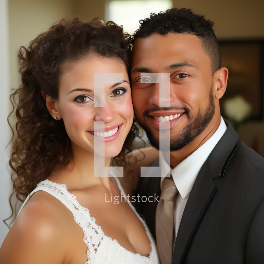 Portrait of a happy young couple in their wedding day at home