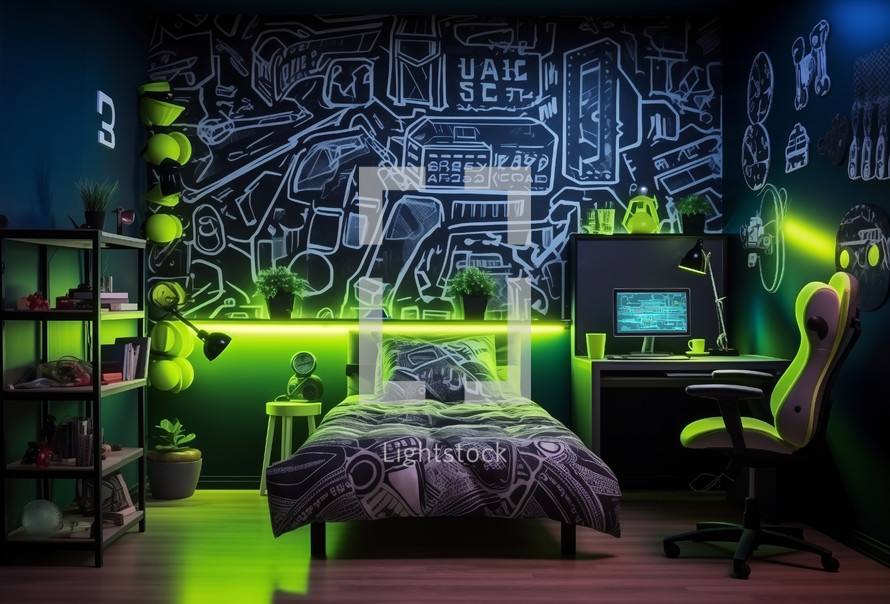 Teenager bedroom with a futuristic neon light design and gaming setup