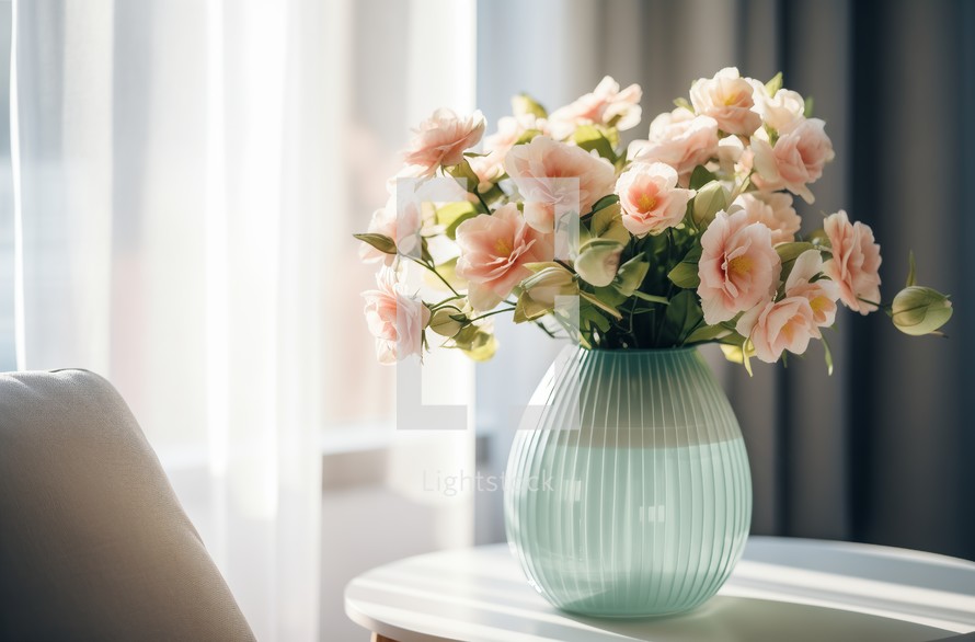 Elegant pink flowers in a blue vase by the window casting a warm glow