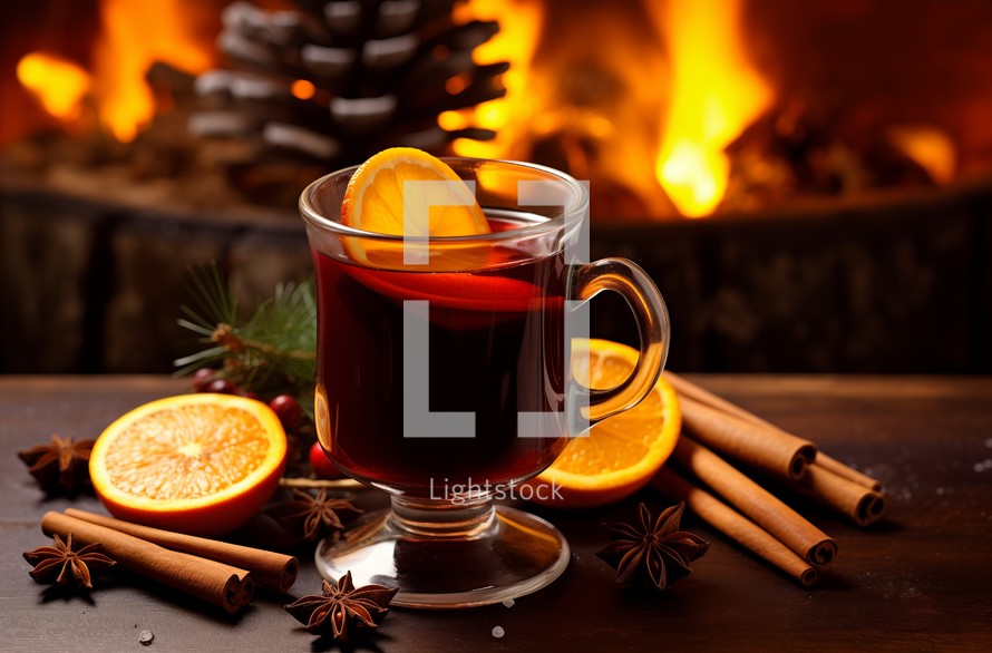 Close up of warm mulled wine with spices and orange garnish, cozy winter setting