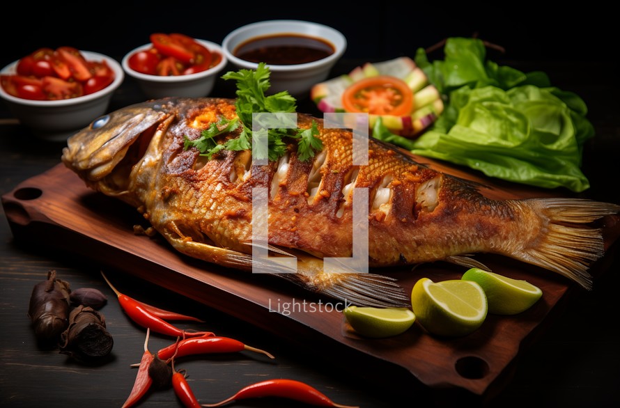 A sumptuous grilled fish on a wooden board garnished with vegetables and lime