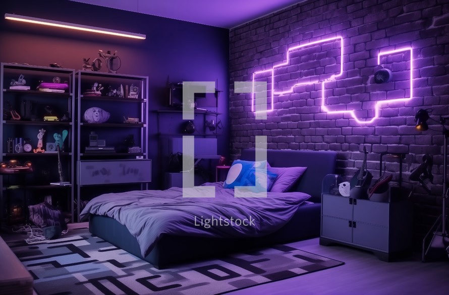 Modern youth room with neon lighting and exposed brick