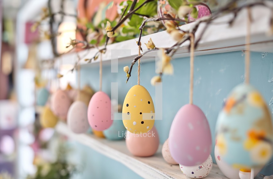 Decorative pastel Easter eggs hanging on a branch, creating a festive springtime garland against a soft blue background