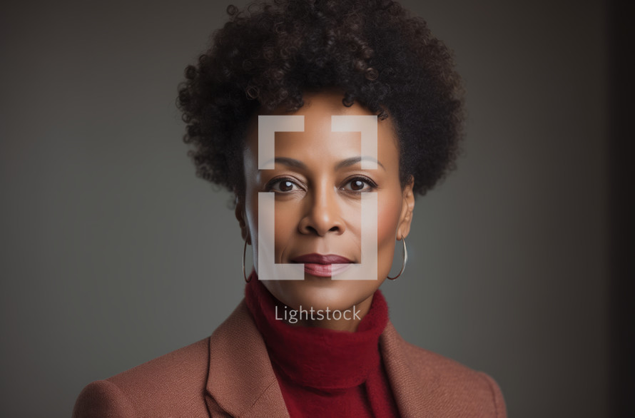 Close-up portrait of a professional Black businesswoman in her 40s wearing elegant attire