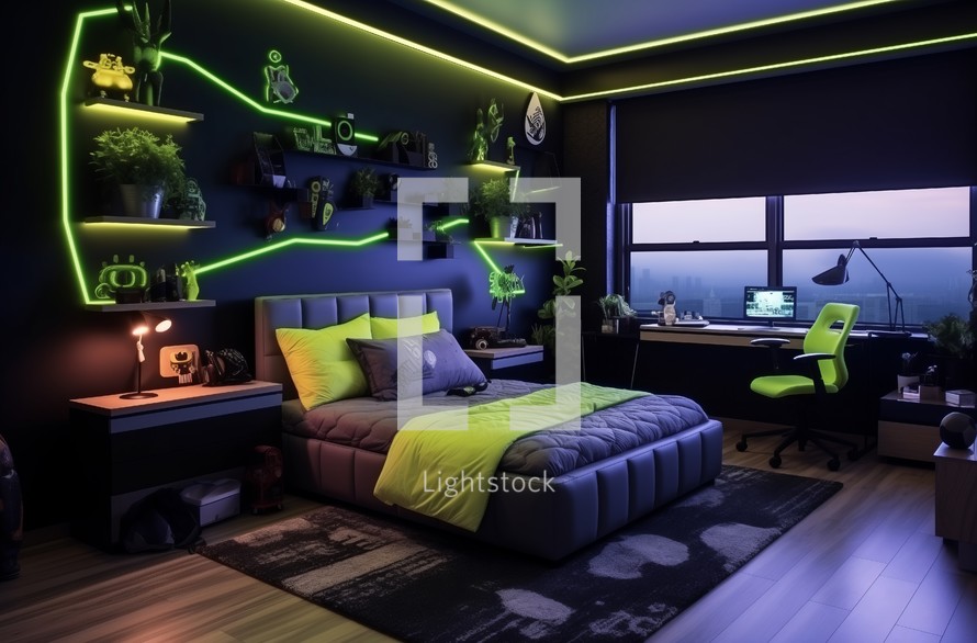 Modern bedroom with sleek design featuring neon green lighting accents