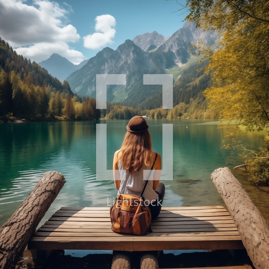 Close up of a caucasian female traveler with a backpack resting on a wooden pier beside an alpine lake