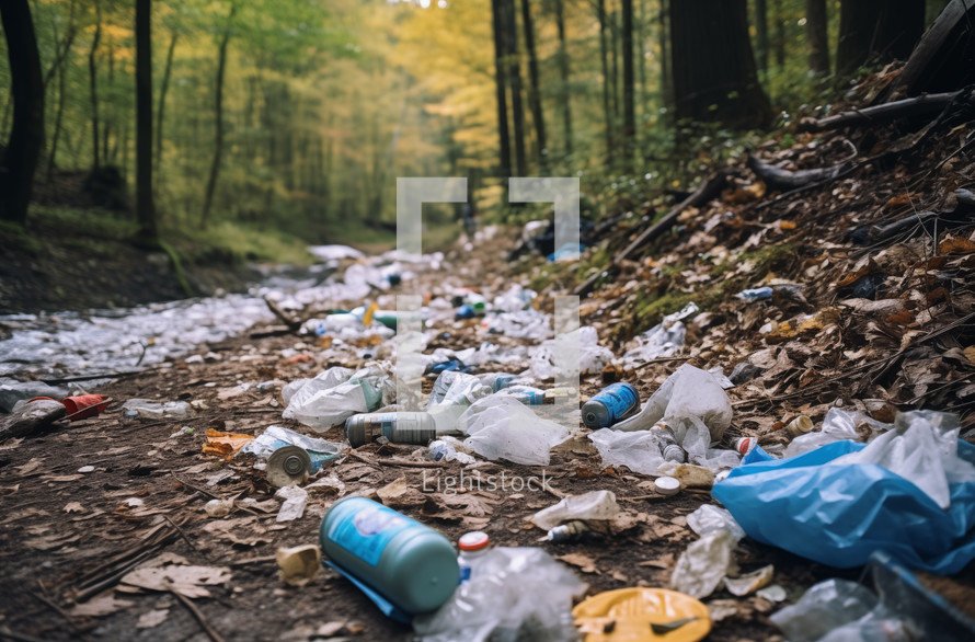 Garbage strewn across woodland floor, polluting environment