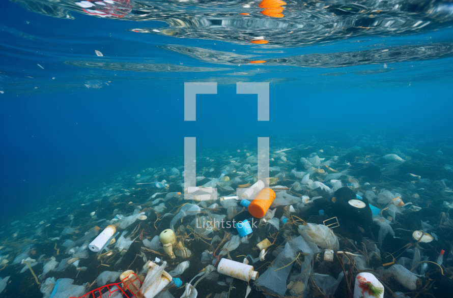 Ocean surface cluttered with plastic waste depicting pollution