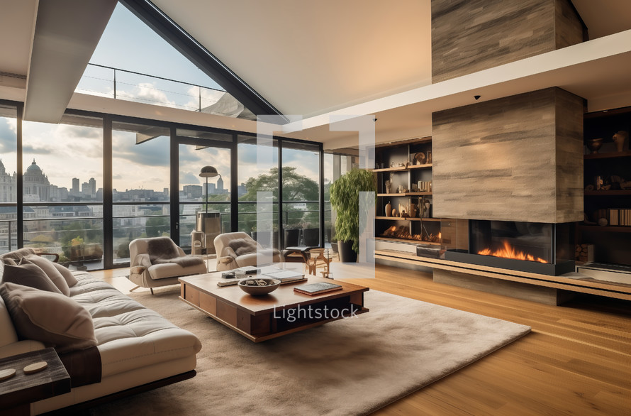 Spacious penthouse living room with fireplace and city view