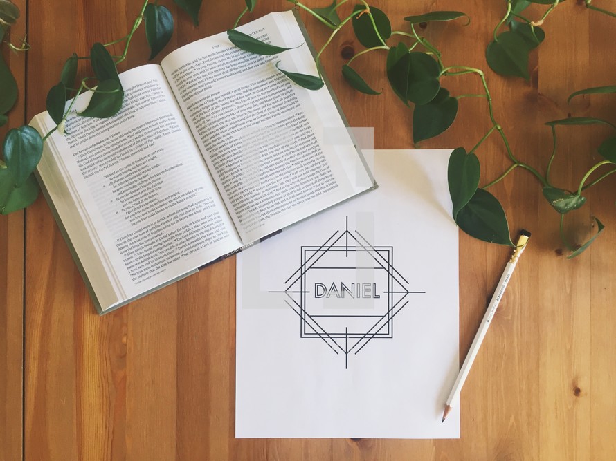 Daniel, ivy, pencil, open Book, Bible study