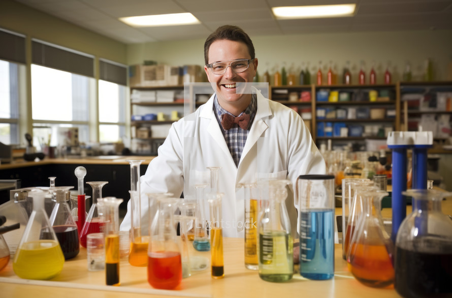 Close up of a smiling chemistry teacher in a lab coat surrounded by colorful flasks and experiments