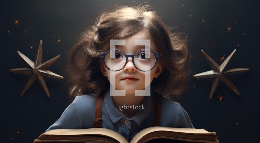 Cute little girl in glasses reading a book on a dark background