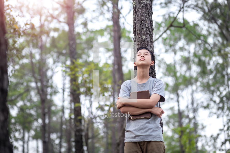 a child holding a Bible praying in a forest 